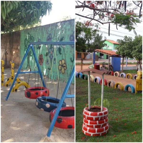 Equipe constri parque com  pneus em escola municipal