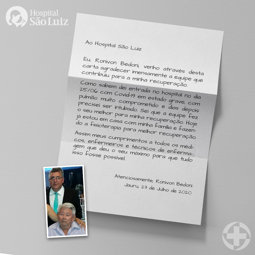 Profissionais do Hospital So Luiz ganham agradecimento especial de paciente recuperado da Covid-19